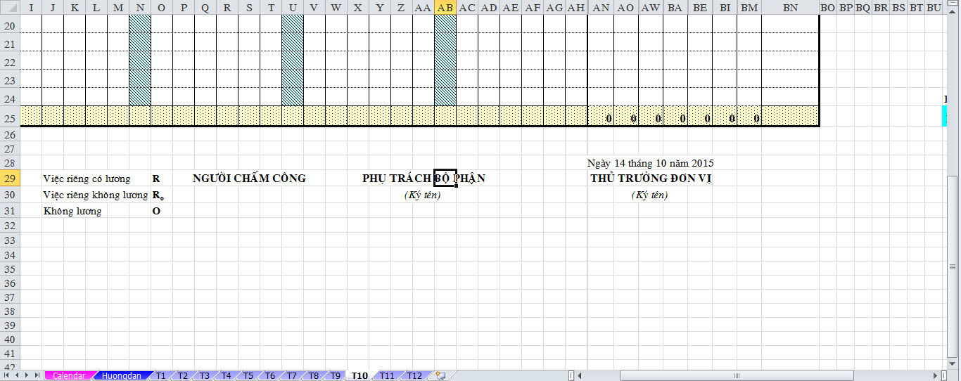 Bảng chấm công tự động bằng excel - tự động đổi phần ký tên