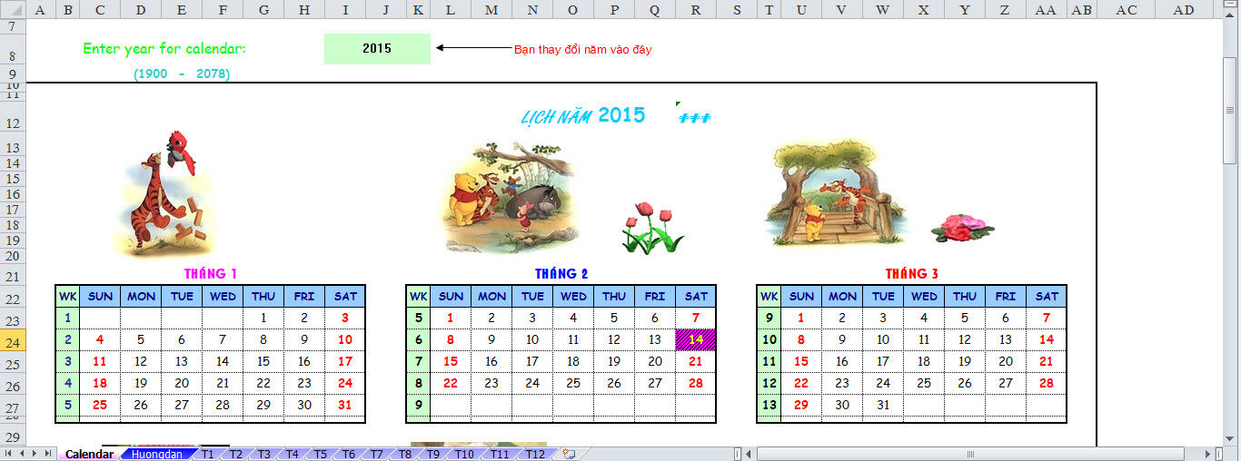 Bảng chấm công tự động bằng excel - thay đổi ngày tháng