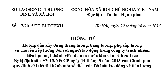 Thong tu so 17/2015/TT-BLDTBXH V/viec Huong dan xay dung thang luong, bang luong, phu cap luong va chuyen xep luong doi voi nguoi lao dong - anh 1
