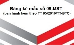 Bảng kê mẫu số 09-MST (ban hành kèm theo TT 95/2016/TT-BTC)